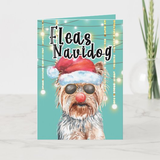 Carte Funny Yorkie Père Noël en lumières joyeuses vacanc (Devant)