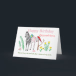 Carte Funny Zebra Birthday Card<br><div class="desc">Un zèbre attend patiemment pendant que ses rayures sont roses de couleur. Elle adore le nouveau look, mais ça prend tellement de temps à faire. Ajoutez le nom (et la relation) à l'avant de la carte et du texte à l'intérieur.Entièrement personnalisable, donc faites-le personnel. cartes dans mes deux magasins, zazzle.com/artistjandavies...</div>