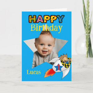 Carte Fusée de 1er anniversaire personnalisée Photo garç