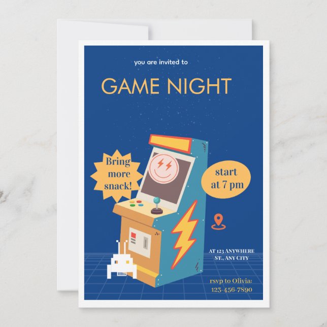 Carte Game Night rétro arcade – soirée jeux vidéo et sna (Devant)