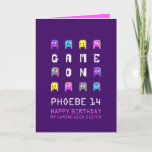 Carte Game on pixel monsters gamer sister 14e jour<br><div class="desc">Purple and pink,  blue and yellow colorful alien monster graphic characters on dark purple,  personalized 14th sister birthday card. Fun crazy block graphic pixel 3d crazy monsters aliens video gaming themed sister or other birthday card. Other matching items are available. Designed by www.mylittleeden.com on Zazzle.</div>