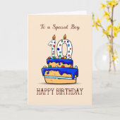 Carte Garçon 10e anniversaire, 10 sur gâteau bleu sucré (Fleur jaune)