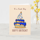 Carte Garçon 4e anniversaire, 4 sur Gâteau bleu doux (Fleur jaune)