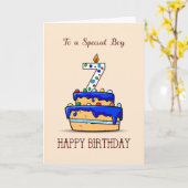 Carte Garçon 7e anniversaire, 7 sur Gâteau bleu doux (Fleur jaune)