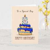Carte Garçon 8e anniversaire, 8 sur Gâteau bleu doux (Fleur jaune)