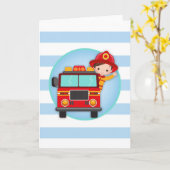 Carte Garçon aux cheveux bruns pompier camion de pompier (Fleur jaune)