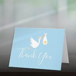 Carte Garçon Bébé Bleu Cigogne Étoile Dorée Script Merci