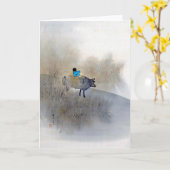 Carte Garçon chevauchant une vache et soufflant une flot (Fleur jaune)