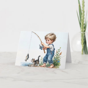 Carte Garçon d'anniversaire pêchant avec un chaton