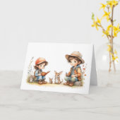 Carte Garçon et fille mignons lisant un livre ensemble C (Fleur jaune)