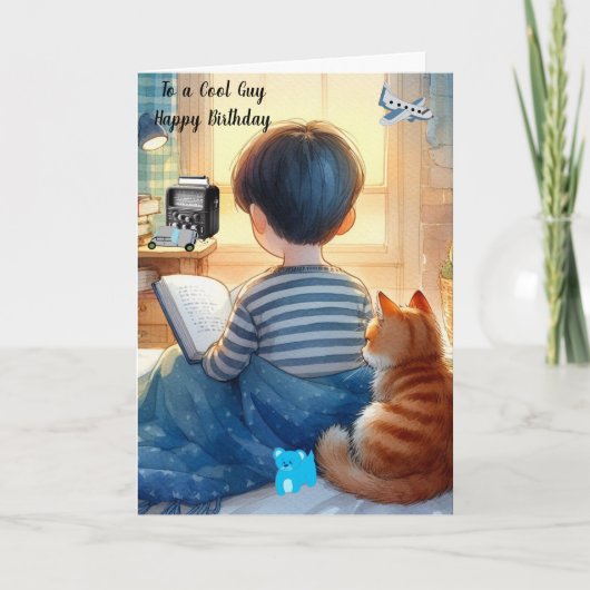 Carte Garçon lisant des livres avec un chat Anniversaire (Devant)