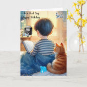 Carte Garçon lisant des livres avec un chat Anniversaire (Fleur jaune)