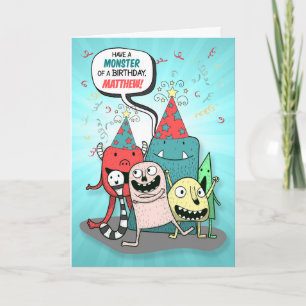 Carte Garçon Monstre Rouge et Turquoise avec Nom Anniver