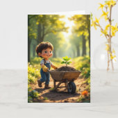 Carte Garçon poussant un arbre agitant dans une brouette (Fleur jaune)