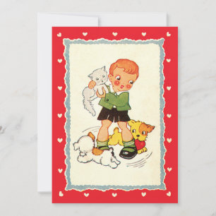 Carte Garçon vintage sauvant un chaton de chiens de cour
