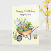 Carte Garden Wheelbarrow Nom personnalisé Joyeux anniver (Fleur jaune)