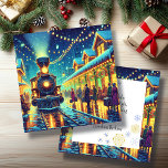 Carte Gare vintage le soir de Noël Personnalisez<br><div class="desc">Une gare à l'ancienne à Noël Même avec les gens qui vont et viennent essayer de la rendre à la maison. Vibes rétro vintages. Alors que la neige tombe sur cette nuit magique, je vous souhaite à tous de la joie et de la clarté. Une carte de séjour personnalisée pour...</div>