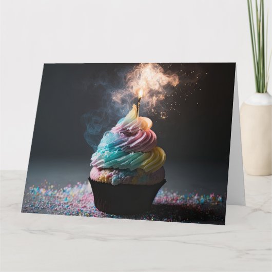 Carte Gâteau cupcake pastel arc-en-ciel feu d'anniversai (Devant)