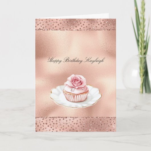 Carte Gâteau Cupcake Rose Foncé Anniversaire Glam Or Pai (Devant)
