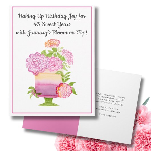 Carte Gâteau d'anniversaire 45 ans de janvier Carnations
