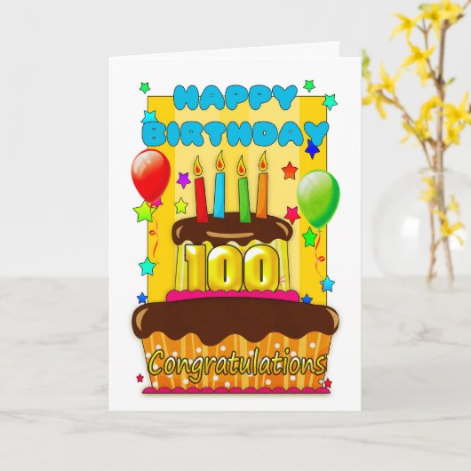 Carte gâteau d'anniversaire avec bougies - heureux 100e (Fleur jaune)