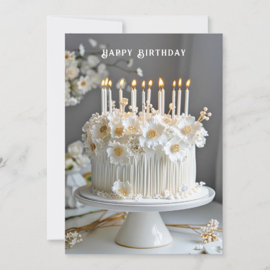 Carte Gâteau d'anniversaire blanc et or Fleurs Bougies (Devant)