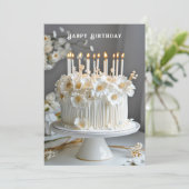 Carte Gâteau d'anniversaire blanc et or Fleurs Bougies (Debout devant)