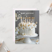 Carte Gâteau d'anniversaire blanc et or Fleurs Bougies (Devant/Arrière en situation)