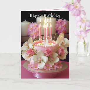 Carte Gâteau d'anniversaire bougies roses Belles Fleurs