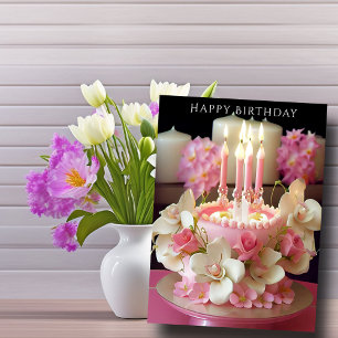 Carte Gâteau d'anniversaire bougies roses Belles Fleurs