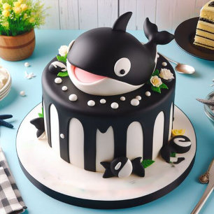 Carte Gâteau d'anniversaire de baleine orque noir et bla