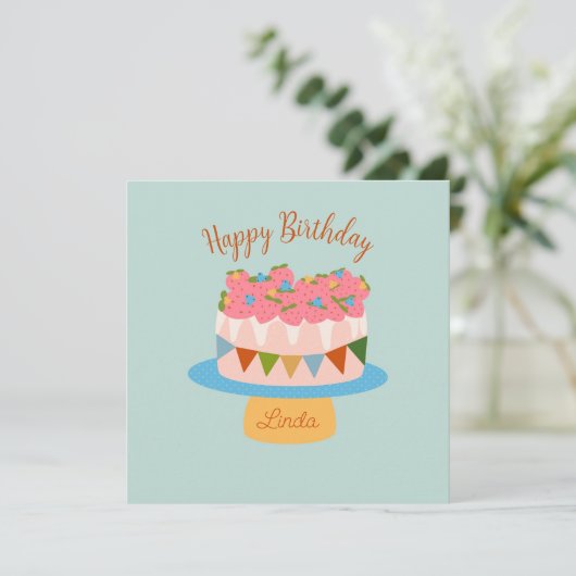 Carte gâteau d'anniversaire de fraise customisée (Debout devant)