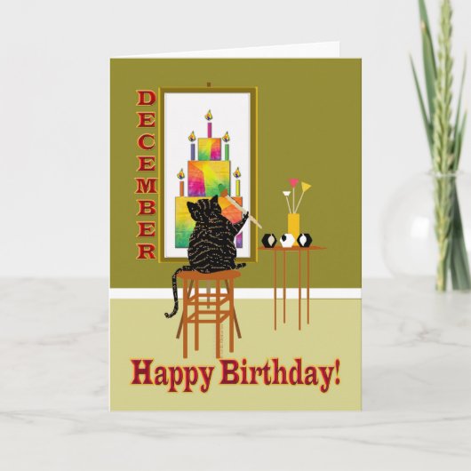 Carte Gâteau d'anniversaire de peinture de chat DÉCEMBRE (Devant)