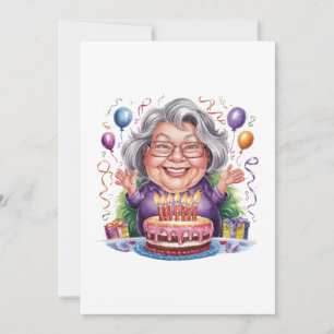 Carte Gâteau d'anniversaire d'une vieille dame excitée A