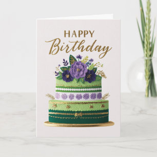 Carte Gâteau d'anniversaire élégant floral vert violet o
