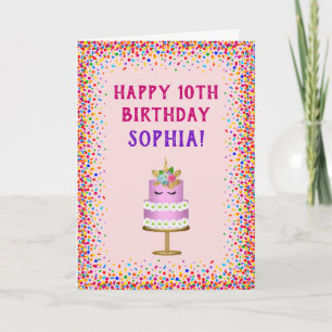 Carte Gâteau d'anniversaire fille Licorne Rose Confettis