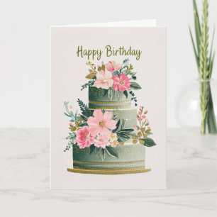 Carte Gâteau d'anniversaire floral élégant or, rose et v