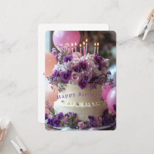 Carte Gâteau d'anniversaire Hydrangea Pansies Violettes 