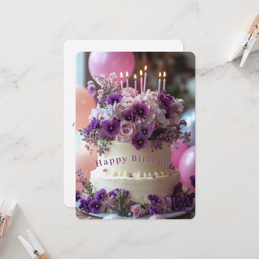 Carte Gâteau d'anniversaire Hydrangea Pansies Violettes (Devant/Arrière en situation)