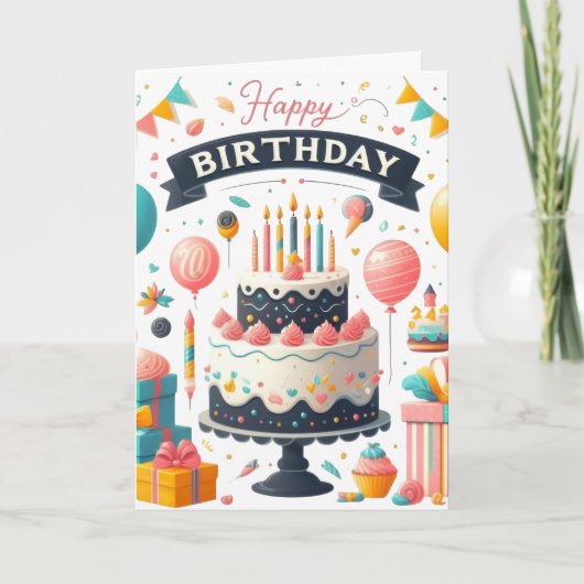 Carte Gâteau d'anniversaire joyeux et ballons (Devant)