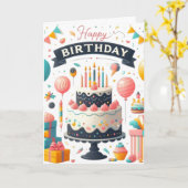 Carte Gâteau d'anniversaire joyeux et ballons (Fleur jaune)