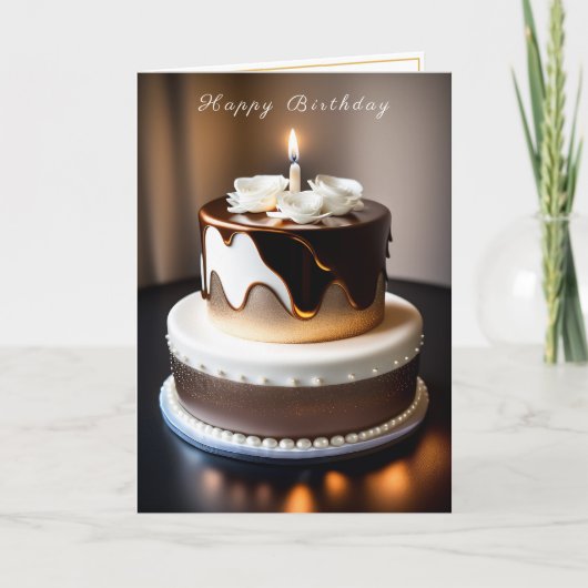 Carte Gâteau d'anniversaire or brun blanc Perles (Devant)