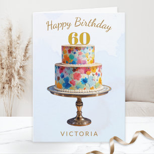Carte Gâteau Floral Aquarelle Élégant 60e Anniversaire