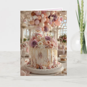 Carte Gâteau Joyeux Anniversaire Fleurs Rose Mauve Jolie