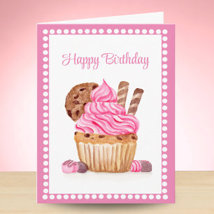 Carte Gâteau rose à l'aquarelle avec anniversaire au cho