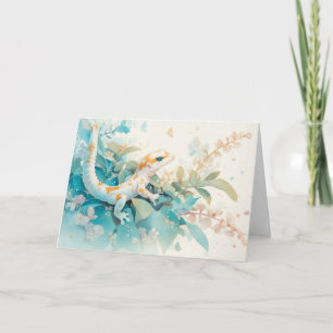 Carte Gecko Fantaisiste Parmi des Feuilles Douces Pastel