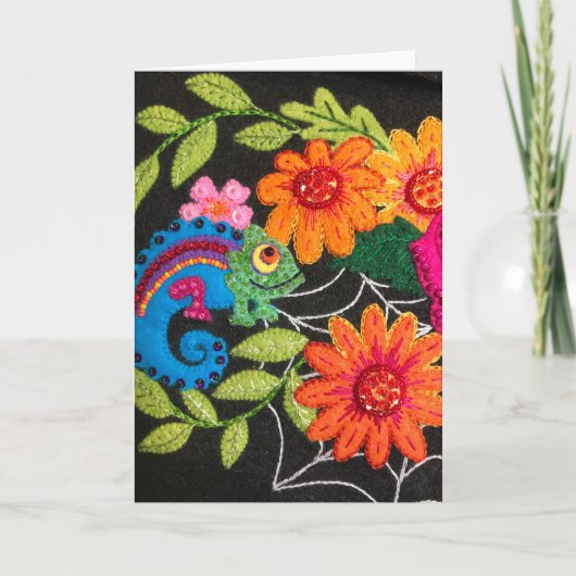 Carte Gecko Lézard Anniversaire Felté Brodé (Devant)