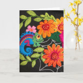 Carte Gecko Lézard Anniversaire Felté Brodé (Fleur jaune)