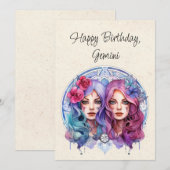 Carte Gemini Twins Zodiac Aquarelle Anniversaire A (Devant / Derrière)