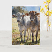 Carte Génisses Brahman à l'aquarelle (Fleur jaune)